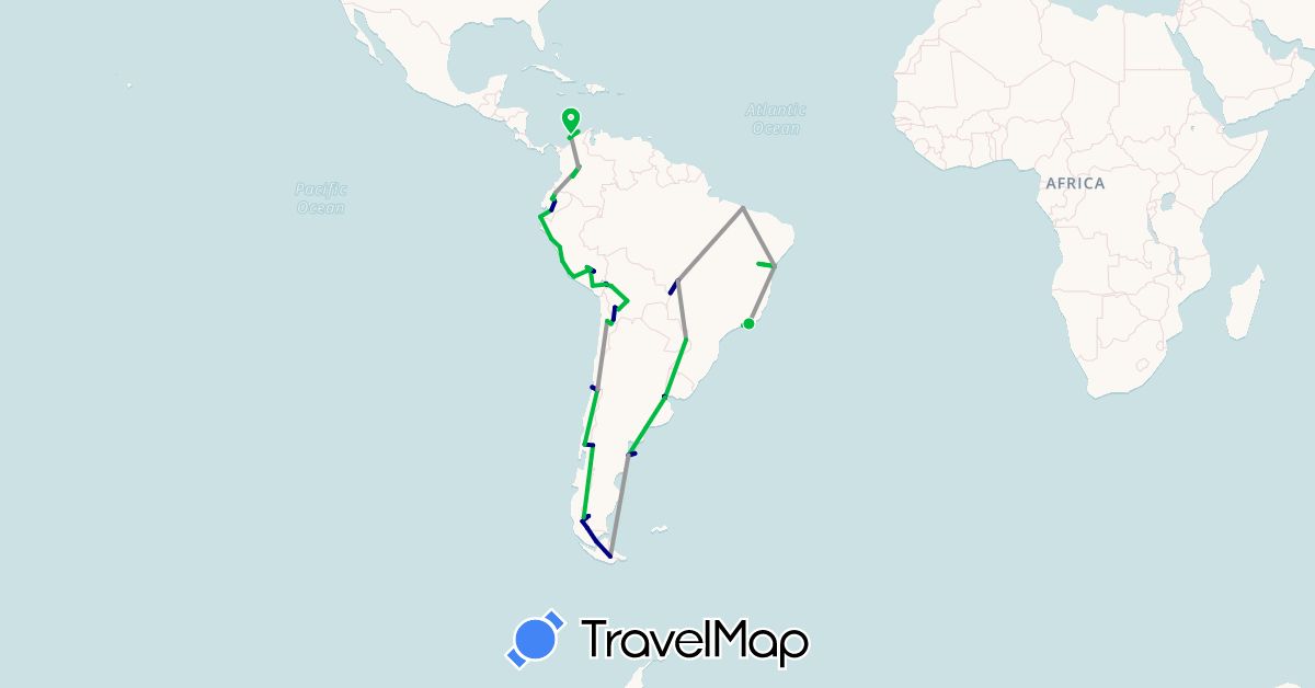 TravelMap itinerary: driving, bus, plane in Argentina, Bolivia, Brazil, Chile, Colombia, Ecuador, Peru (South America)